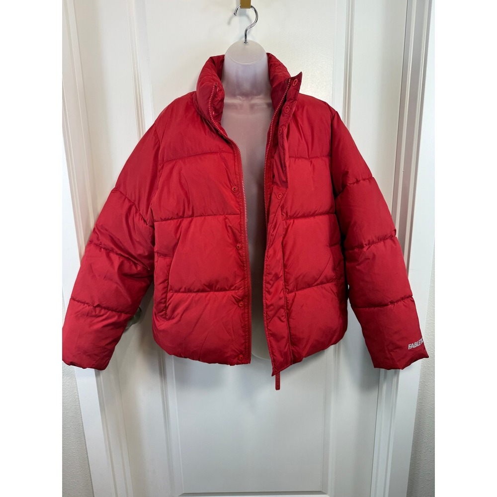Fabletics Womens Red Quilted Puffer Jacket Stand Collar Zip Snap Large
